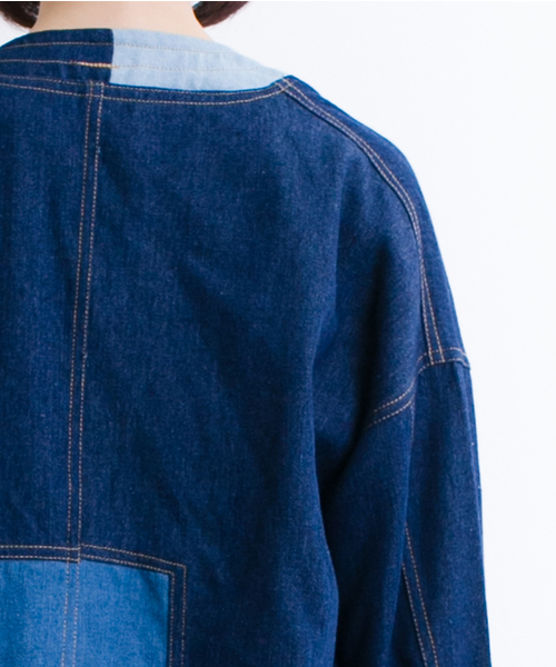 MERLOT（メルロー）の「パッチワークノーカラーデニムGジャン2220（デニムジャケット・レディース・ネイビー/ライトブルー・FREE）」の13枚目の写真