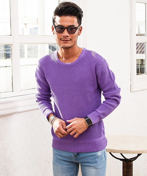 CavariA(キャバリア)の「『CavariA/キャバリア』ラーベン編みクルーネック長袖ニットセーター(ニット/セーター・メンズ・ベージュ/サックスブルー/パープル/テラコッタ/ピンク/ホワイト/インディゴブルー/ブラック/ネイビー/グレー/グリーン系その他/イエロー/ラベンダー/ミント/クリーム/ブラウン/カーキ/グリーン・M/L)」の15枚目の写真