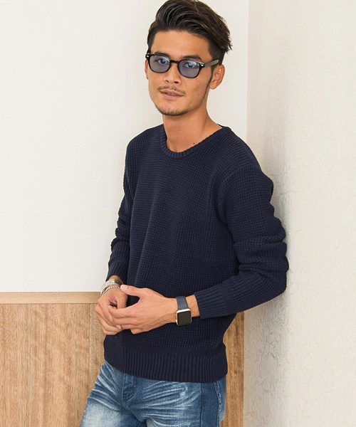 CavariA(キャバリア)の「『CavariA/キャバリア』ラーベン編みクルーネック長袖ニットセーター(ニット/セーター・メンズ・ベージュ/サックスブルー/パープル/テラコッタ/ピンク/ホワイト/インディゴブルー/ブラック/ネイビー/グレー/グリーン系その他/イエロー/ラベンダー/ミント/クリーム/ブラウン/カーキ/グリーン・M/L)」の12枚目の写真