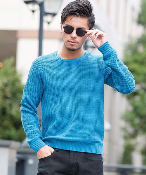 CavariA(キャバリア)の「『CavariA/キャバリア』ラーベン編みクルーネック長袖ニットセーター(ニット/セーター・メンズ・ベージュ/サックスブルー/パープル/テラコッタ/ピンク/ホワイト/インディゴブルー/ブラック/ネイビー/グレー/グリーン系その他/イエロー/ラベンダー/ミント/クリーム/ブラウン/カーキ/グリーン・M/L)」の11枚目の写真