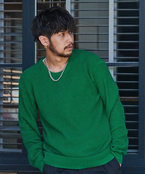 CavariA(キャバリア)の「『CavariA/キャバリア』ラーベン編みクルーネック長袖ニットセーター(ニット/セーター・メンズ・ベージュ/サックスブルー/パープル/テラコッタ/ピンク/ホワイト/インディゴブルー/ブラック/ネイビー/グレー/グリーン系その他/イエロー/ラベンダー/ミント/クリーム/ブラウン/カーキ/グリーン・M/L)」の9枚目の写真