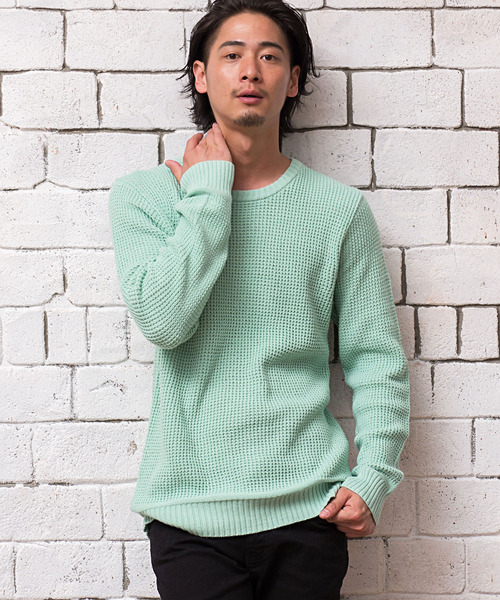 CavariA(キャバリア)の「『CavariA/キャバリア』ラーベン編みクルーネック長袖ニットセーター(ニット/セーター・メンズ・ベージュ/サックスブルー/パープル/テラコッタ/ピンク/ホワイト/インディゴブルー/ブラック/ネイビー/グレー/グリーン系その他/イエロー/ラベンダー/ミント/クリーム/ブラウン/カーキ/グリーン・M/L)」の10枚目の写真