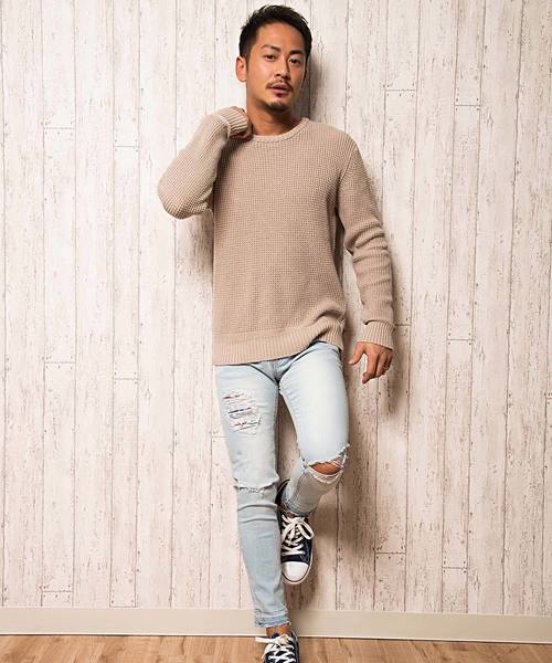 CavariA(キャバリア)の「『CavariA/キャバリア』ラーベン編みクルーネック長袖ニットセーター(ニット/セーター・メンズ・ベージュ/サックスブルー/パープル/テラコッタ/ピンク/ホワイト/インディゴブルー/ブラック/ネイビー/グレー/グリーン系その他/イエロー/ラベンダー/ミント/クリーム/ブラウン/カーキ/グリーン・M/L)」の20枚目の写真