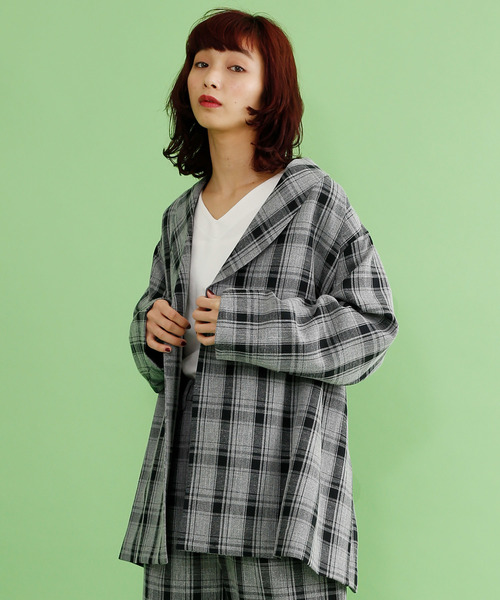 merlot(メルロー)の「チェックショールカラージャケット2602(テーラードジャケット)」|グレー