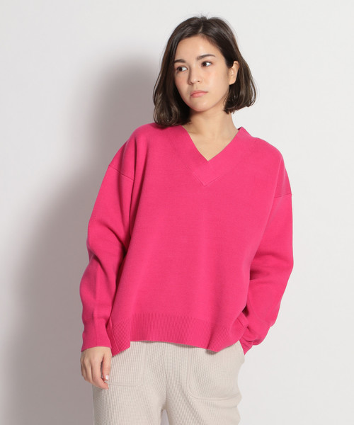 niko and...(ニコアンド)の「ミラノリブ抜き襟Vプルオーバー(ニット/セーター・レディース・ピンク/オレンジ/グリーン/ネイビー/ベージュ・MEDIUM/LARGE)」の1枚目の写真