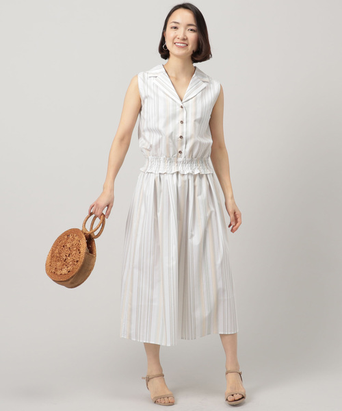 Doux archives Hamac（ドゥアルシーヴ アマーク）の「マルチストライプ開襟ブラウス+フレアスカート（ワンピース・レディース・カーキ/グリーン/ブルー・MEDIUM）」の2枚目の写真