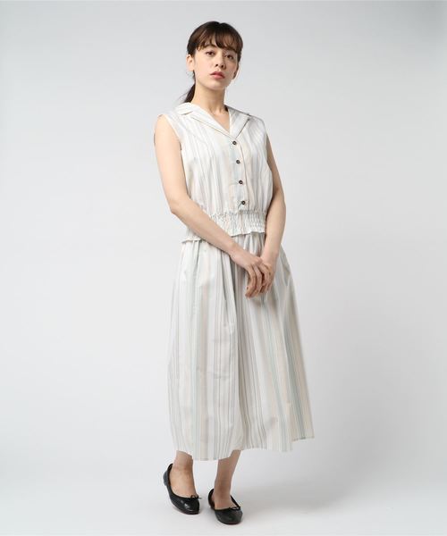 Doux archives Hamac（ドゥアルシーヴ アマーク）の「マルチストライプ開襟ブラウス+フレアスカート（ワンピース・レディース・カーキ/グリーン/ブルー・MEDIUM）」の6枚目の写真