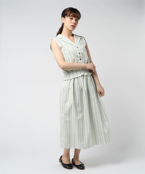 Doux archives Hamac（ドゥアルシーヴ アマーク）の「マルチストライプ開襟ブラウス+フレアスカート（ワンピース・レディース・カーキ/グリーン/ブルー・MEDIUM）」の5枚目の写真