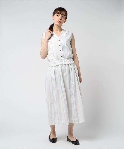 Doux archives Hamac（ドゥアルシーヴ アマーク）の「マルチストライプ開襟ブラウス+フレアスカート（ワンピース・レディース・カーキ/グリーン/ブルー・MEDIUM）」の4枚目の写真