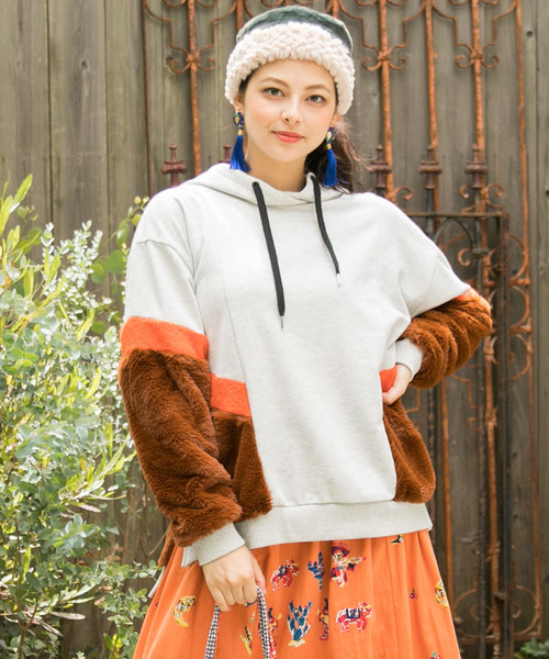 チャイハネ（チャイハネ）の「【チャイハネ】フェイクファーパッチワークパーカー（パーカー・レディース・ホワイト/ブラック/ブラウン・FREE）」の2枚目の写真