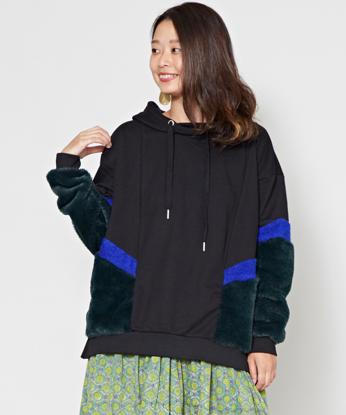 チャイハネ（チャイハネ）の「【チャイハネ】フェイクファーパッチワークパーカー（パーカー・レディース・ホワイト/ブラック/ブラウン・FREE）」の3枚目の写真