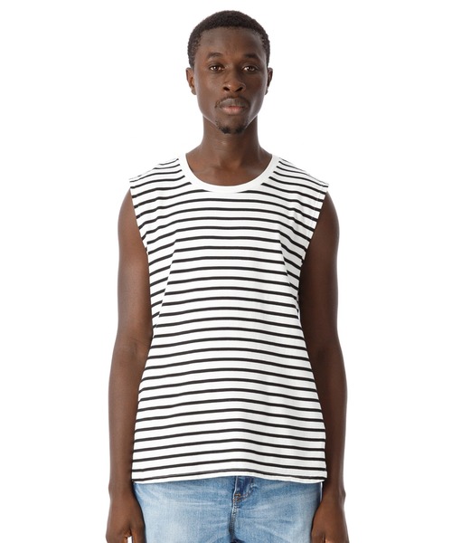 DAILY STANDARD by SANDINISTA(デイリースタンダードバイサンディニスタ)の「Cadet Sleeveless Border Tee / スリーブレスボーダートップ(Tシャツ/カットソー・メンズ・ホワイト×ブラック/ホワイト系その他/ホワイト×ネイビー・SMALL/MEDIUM/LARGE/X-LARGE/X-SMALL)」の1枚目の写真