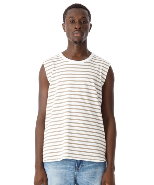 DAILY STANDARD by SANDINISTA(デイリースタンダードバイサンディニスタ)の「Cadet Sleeveless Border Tee / スリーブレスボーダートップ(Tシャツ/カットソー・メンズ・ホワイト×ブラック/ホワイト系その他/ホワイト×ネイビー・SMALL/MEDIUM/LARGE/X-LARGE/X-SMALL)」の2枚目の写真