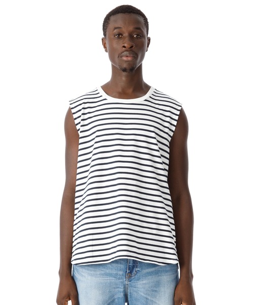 DAILY STANDARD by SANDINISTA(デイリースタンダードバイサンディニスタ)の「Cadet Sleeveless Border Tee / スリーブレスボーダートップ(Tシャツ/カットソー・メンズ・ホワイト×ブラック/ホワイト系その他/ホワイト×ネイビー・SMALL/MEDIUM/LARGE/X-LARGE/X-SMALL)」の3枚目の写真