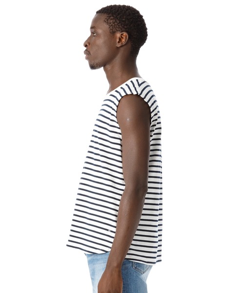 DAILY STANDARD by SANDINISTA(デイリースタンダードバイサンディニスタ)の「Cadet Sleeveless Border Tee / スリーブレスボーダートップ(Tシャツ/カットソー・メンズ・ホワイト×ブラック/ホワイト系その他/ホワイト×ネイビー・SMALL/MEDIUM/LARGE/X-LARGE/X-SMALL)」の5枚目の写真