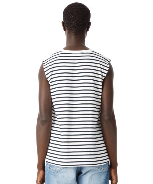 DAILY STANDARD by SANDINISTA(デイリースタンダードバイサンディニスタ)の「Cadet Sleeveless Border Tee / スリーブレスボーダートップ(Tシャツ/カットソー・メンズ・ホワイト×ブラック/ホワイト系その他/ホワイト×ネイビー・SMALL/MEDIUM/LARGE/X-LARGE/X-SMALL)」の6枚目の写真