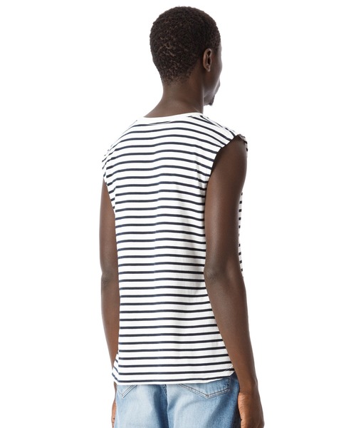 DAILY STANDARD by SANDINISTA(デイリースタンダードバイサンディニスタ)の「Cadet Sleeveless Border Tee / スリーブレスボーダートップ(Tシャツ/カットソー・メンズ・ホワイト×ブラック/ホワイト系その他/ホワイト×ネイビー・SMALL/MEDIUM/LARGE/X-LARGE/X-SMALL)」の7枚目の写真
