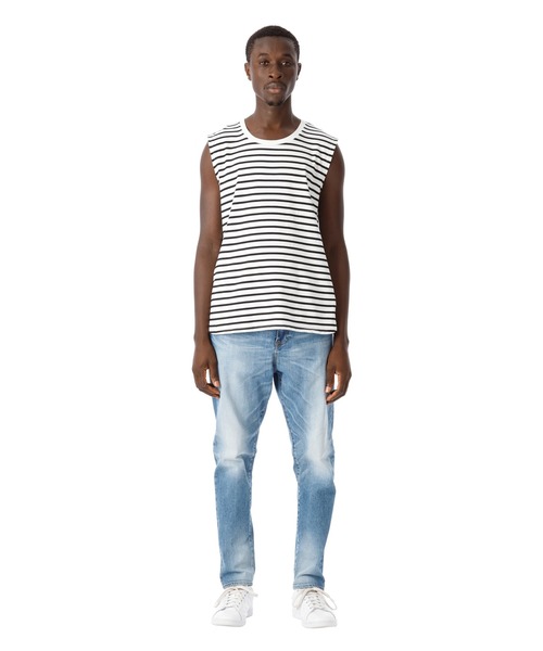 DAILY STANDARD by SANDINISTA(デイリースタンダードバイサンディニスタ)の「Cadet Sleeveless Border Tee / スリーブレスボーダートップ(Tシャツ/カットソー・メンズ・ホワイト×ブラック/ホワイト系その他/ホワイト×ネイビー・SMALL/MEDIUM/LARGE/X-LARGE/X-SMALL)」の8枚目の写真