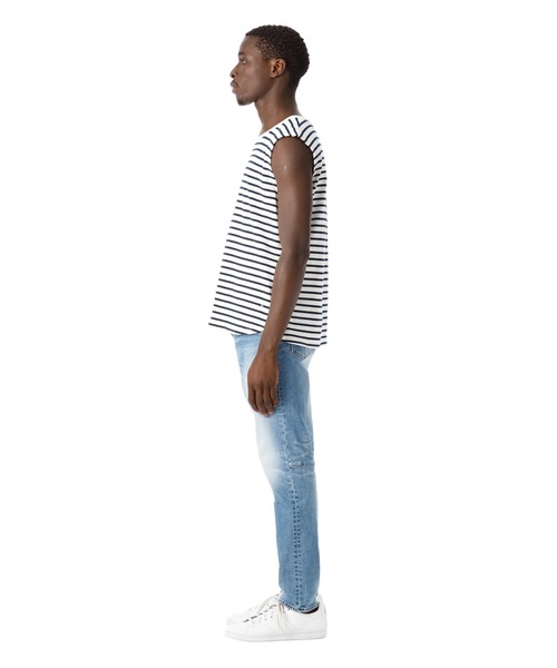 DAILY STANDARD by SANDINISTA(デイリースタンダードバイサンディニスタ)の「Cadet Sleeveless Border Tee / スリーブレスボーダートップ(Tシャツ/カットソー・メンズ・ホワイト×ブラック/ホワイト系その他/ホワイト×ネイビー・SMALL/MEDIUM/LARGE/X-LARGE/X-SMALL)」の12枚目の写真