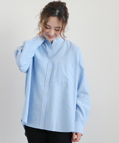 AMERICAN HOLIC（アメリカンホリック）の「スタンドカラー綿オックスシャツ（シャツ/ブラウス・レディース・ベージュ/ネイビー/オフホワイト/サックスブルー/ストライプ/チェック/ブルー系その他4・MEDIUM/LARGE）」の4枚目の写真