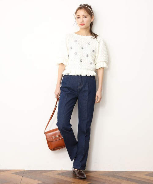 one after another NICE CLAUP（ワンアフターアナザーナイスクラップ）の「花刺繍ニット（ニット/セーター・レディース・ブラック/オフホワイト/ライトグリーン・FREE）」の7枚目の写真