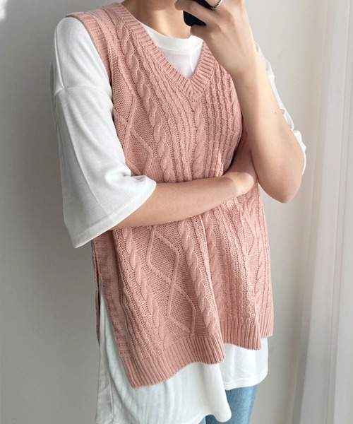 fd style（エフディ スタイル）の「【Chuzchuz】プレッツェルVネックニットベスト（ベスト・レディース・スカイブルー/ベージュ/ピンク/アイボリー・FREE）」の4枚目の写真