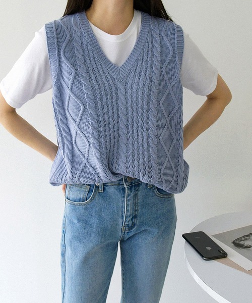 fd style（エフディ スタイル）の「【Chuzchuz】プレッツェルVネックニットベスト（ベスト・レディース・スカイブルー/ベージュ/ピンク/アイボリー・FREE）」の15枚目の写真