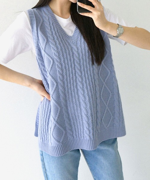 fd style（エフディ スタイル）の「【Chuzchuz】プレッツェルVネックニットベスト（ベスト・レディース・スカイブルー/ベージュ/ピンク/アイボリー・FREE）」の8枚目の写真