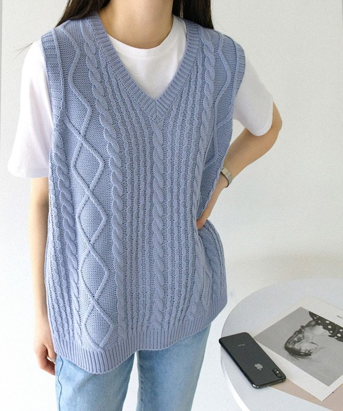 fd style（エフディ スタイル）の「【Chuzchuz】プレッツェルVネックニットベスト（ベスト・レディース・スカイブルー/ベージュ/ピンク/アイボリー・FREE）」の12枚目の写真