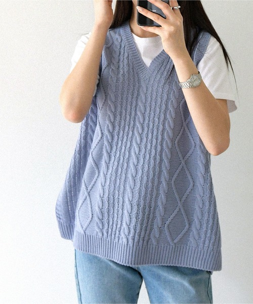 fd style（エフディ スタイル）の「【Chuzchuz】プレッツェルVネックニットベスト（ベスト・レディース・スカイブルー/ベージュ/ピンク/アイボリー・FREE）」の9枚目の写真