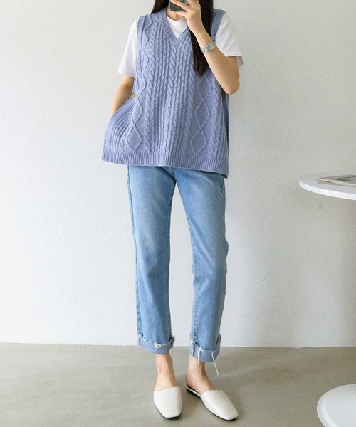 fd style（エフディ スタイル）の「【Chuzchuz】プレッツェルVネックニットベスト（ベスト・レディース・スカイブルー/ベージュ/ピンク/アイボリー・FREE）」の20枚目の写真