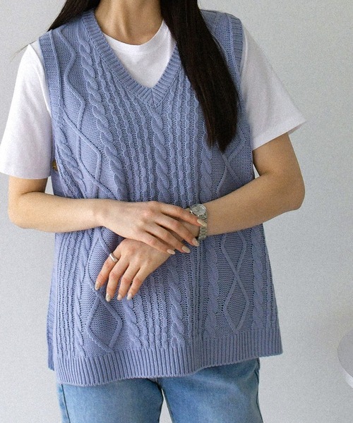 fd style（エフディ スタイル）の「【Chuzchuz】プレッツェルVネックニットベスト（ベスト・レディース・スカイブルー/ベージュ/ピンク/アイボリー・FREE）」の10枚目の写真