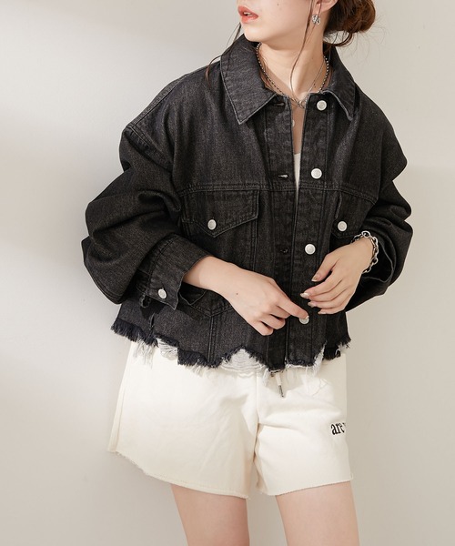 Chico(チコ)の「短丈ダメージデニムGジャン(デニムジャケット・レディース・ブラック/カーキ・FREE)」の6枚目の写真