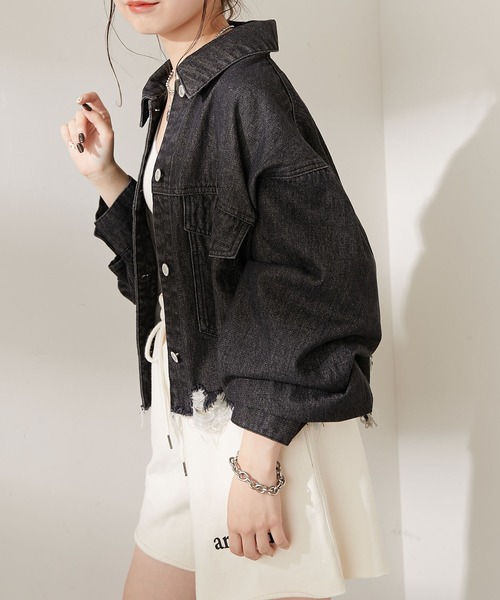 Chico(チコ)の「短丈ダメージデニムGジャン(デニムジャケット・レディース・ブラック/カーキ・FREE)」の7枚目の写真