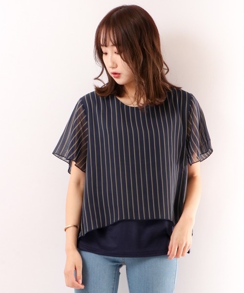 Anna Nicola(アンナニコラ)の「Anna Nicola レジメンタルストライプ カットソー(シャツ/ブラウス・レディース・レッド/ブルー/ブラック・M)」の1枚目の写真