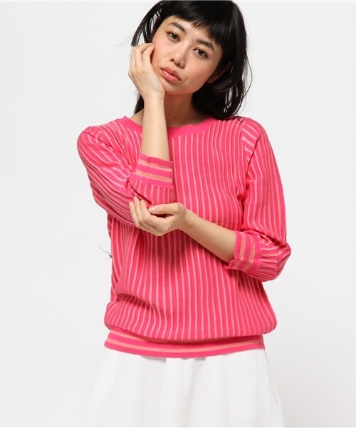 mystic（ミスティック）の「ストライプコットンレーヨンプルオーバー（ニット/セーター・レディース・オフホワイト/ミント/ピンク/ブラック・ﾌﾘ-）」の4枚目の写真