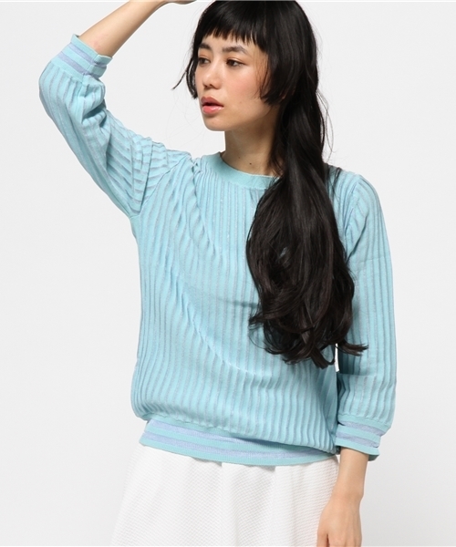 mystic（ミスティック）の「ストライプコットンレーヨンプルオーバー（ニット/セーター・レディース・オフホワイト/ミント/ピンク/ブラック・ﾌﾘ-）」の3枚目の写真