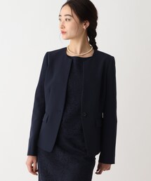 OPAQUE.CLIP | DELEGANT ダブルクロスキーネックジャケット【OPAQUE.CLIP NAVY】(ノーカラージャケット)