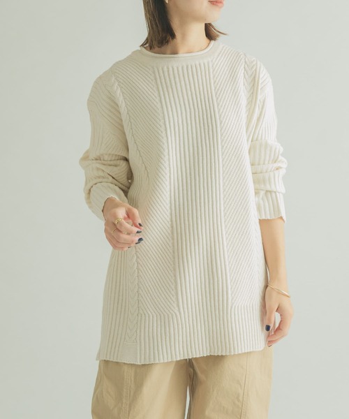 FORK&SPOON(フォークアンドスプーン)の「FORK&SPOON 柄編みニットチュニック(ニット/セーター・レディース・グレー/オフホワイト・1)」の2枚目の写真