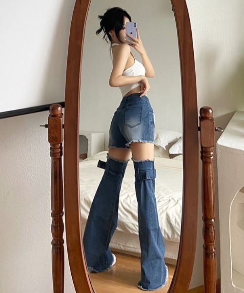 セール】膝魅せニーハイベルト付き''2WAY''デニムパンツ(TS)（デニム