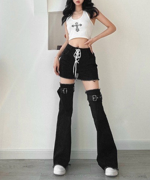 almo(アルモ)の「膝魅せニーハイベルト付き''2WAY''デニムパンツ(TS)(デニムパンツ・レディース・ブラック/ブルー・MEDIUM/LARGE/SMALL)」の6枚目の写真