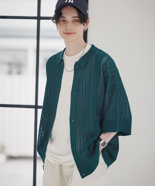 RAGEBLUE（レイジブルー）の「透かし編みニットシャツカーディガン（カーディガン/ボレロ・メンズ・ブラック/オレンジ/ホワイト/グリーン/ブルー・MEDIUM/LARGE）」の3枚目の写真