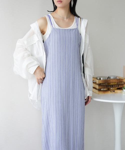 IAMUSE（アイアミューズ）の「楊柳ストライプ　バックオープンワンピース S0943【IAMUSE】（ワンピース・レディース・パープル/グリーン/ライトブラウン・FREE）」の20枚目の写真