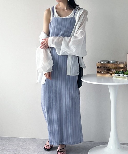 IAMUSE（アイアミューズ）の「楊柳ストライプ　バックオープンワンピース S0943【IAMUSE】（ワンピース・レディース・パープル/グリーン/ライトブラウン・FREE）」の14枚目の写真