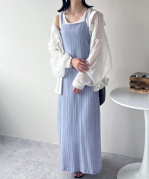 IAMUSE（アイアミューズ）の「楊柳ストライプ　バックオープンワンピース S0943【IAMUSE】（ワンピース・レディース・パープル/グリーン/ライトブラウン・FREE）」の13枚目の写真