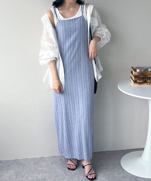 IAMUSE（アイアミューズ）の「楊柳ストライプ　バックオープンワンピース S0943【IAMUSE】（ワンピース・レディース・パープル/グリーン/ライトブラウン・FREE）」の12枚目の写真