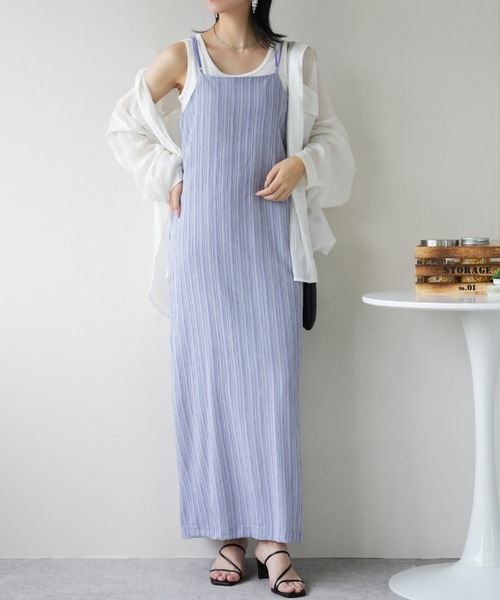 IAMUSE（アイアミューズ）の「楊柳ストライプ　バックオープンワンピース S0943【IAMUSE】（ワンピース・レディース・パープル/グリーン/ライトブラウン・FREE）」の15枚目の写真