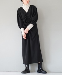 フロントギャザー Vネックワンピース