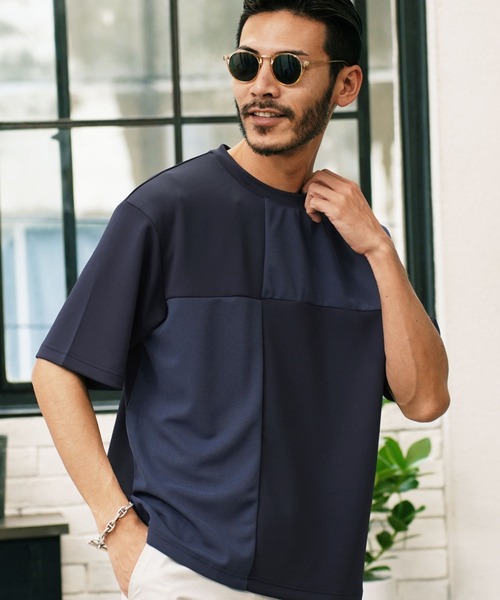 jiggys shop(ジギーズショップ)の「ポンチ×梨地 異素材切り替え Tシャツ(Tシャツ/カットソー・メンズ・オフホワイト/ライトグレー/ネイビー/ベージュ・LARGE/MEDIUM/X-LARGE)」の4枚目の写真
