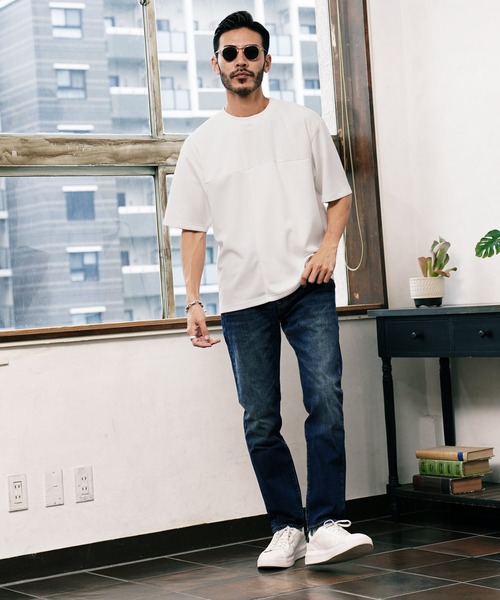 jiggys shop(ジギーズショップ)の「ポンチ×梨地 異素材切り替え Tシャツ(Tシャツ/カットソー・メンズ・オフホワイト/ライトグレー/ネイビー/ベージュ・LARGE/MEDIUM/X-LARGE)」の6枚目の写真